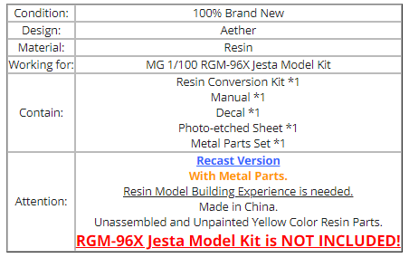 MG 1/100 RGM-96X Jesta Cannon (UC Century Recast) Aether Resin Conversion with Detail Metal Parts