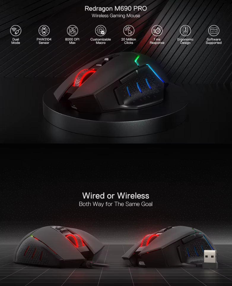 Redragon M690 PRO Wireless Gaming Mouse [8000 DPI]