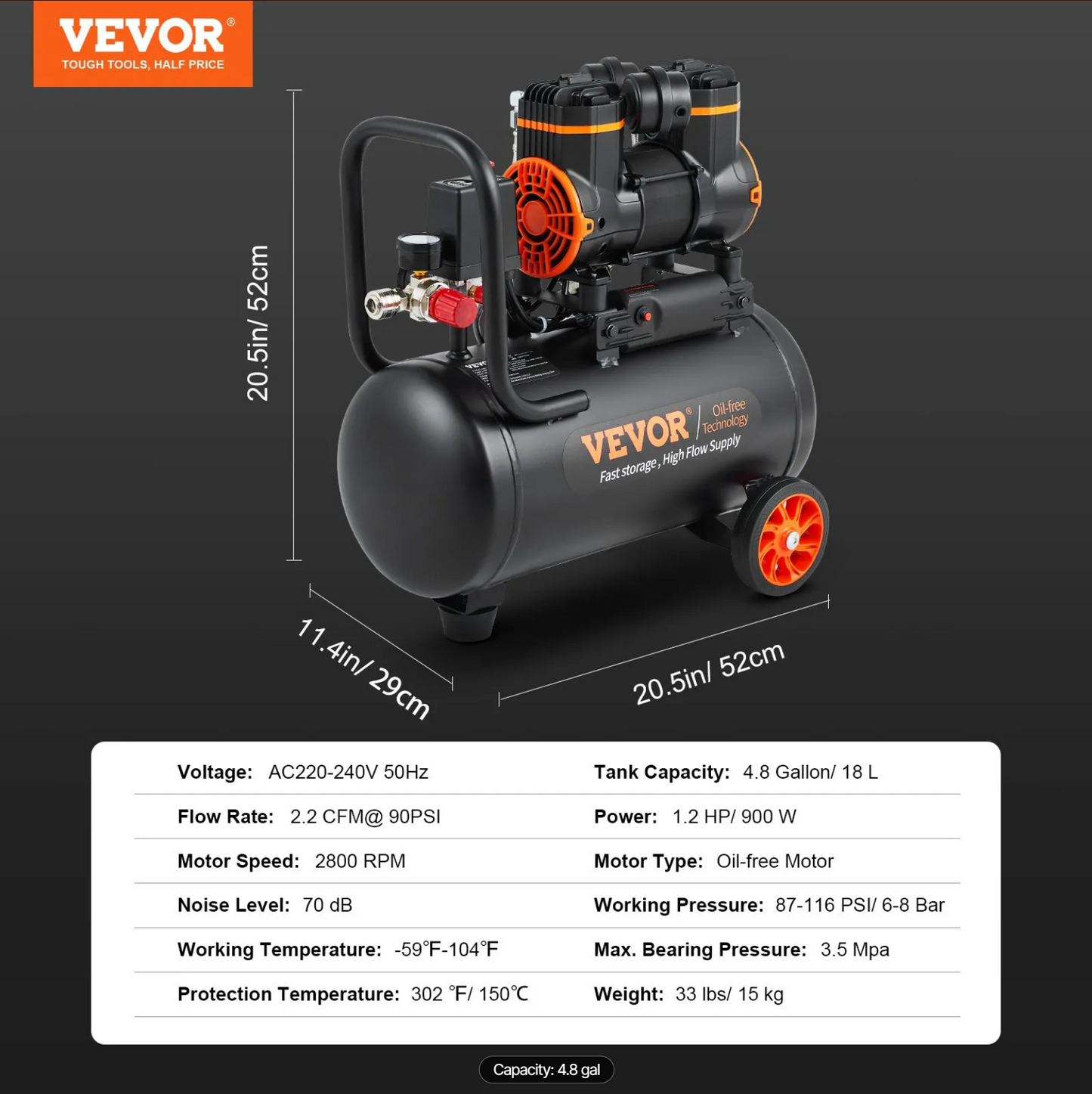 VEVOR Air Compressor Ultra Quiet Oil Free [18.2 L 900W 2.2]